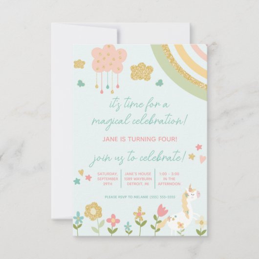 Magische Feier, Einhorn, Regenbogen zum Geburtstag Einladung (Vorderseite)
