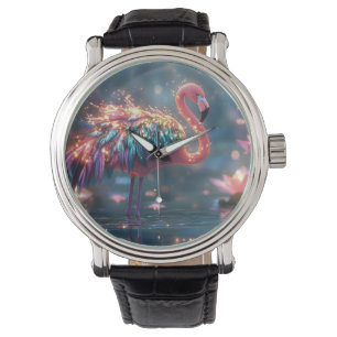 Magische Flamingo Fantasy Kunst mit farbenfrohen F Armbanduhr