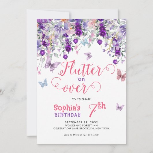 Magische Flutter über Blumenschmetterling Geburtst Einladung (Vorderseite)