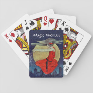 Magische Frau schweben über die Skyline der Stadt  Spielkarten