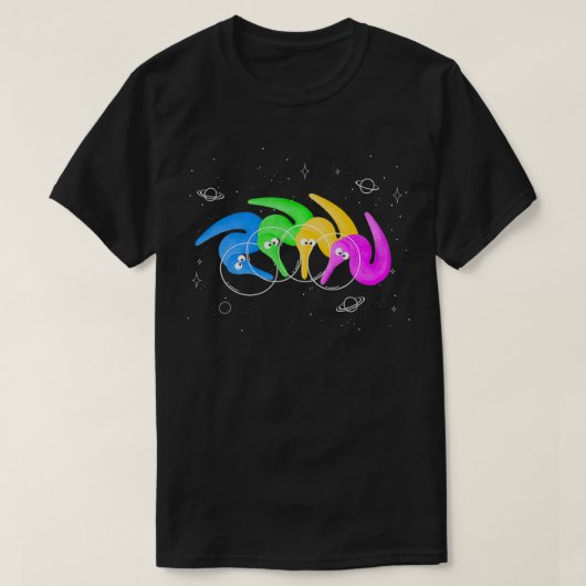 Magische Fuzzy Worms an einer Kette im Weltraumpul T-Shirt (Design vorne)