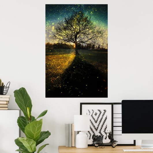 Magische Glühwürmchen, traumhafte Landschaft Poster (Heimbüro)