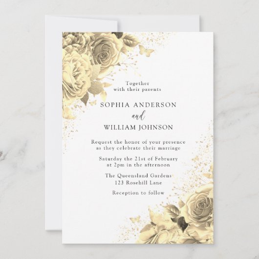 Magische Goldene Blume mit Glitzer Elegante Hochze Einladung (Vorderseite)