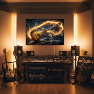 Magische goldene Gitarren-Fantasie-Musiknoten Poster