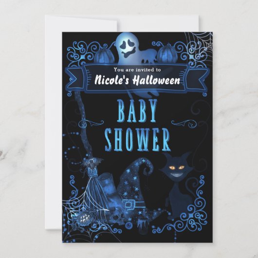 Magische Halloween Baby Dusche Katzenblauer Leucht Einladung (Vorderseite)