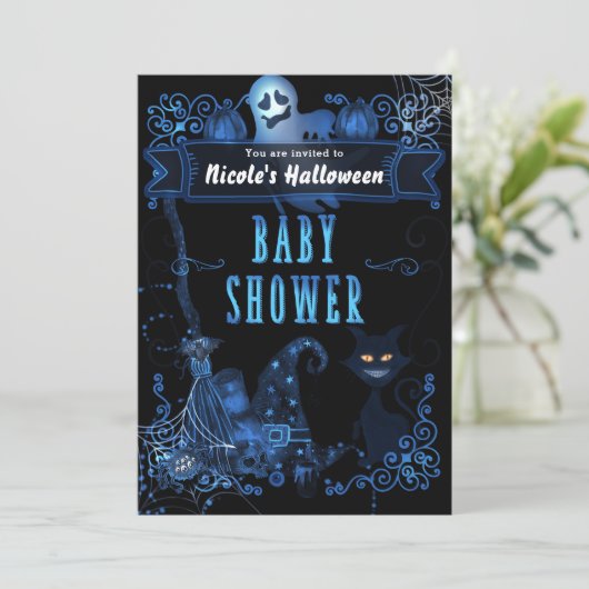 Magische Halloween Baby Dusche Katzenblauer Leucht Einladung (Stehend Vorderseite)