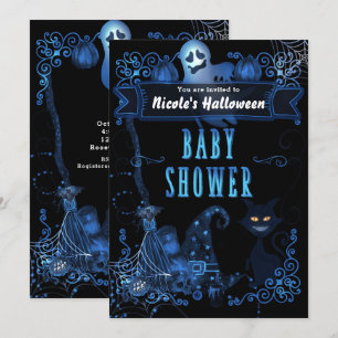 Magische Halloween-Baby-Party-Katze Blaue Glühlich Einladung