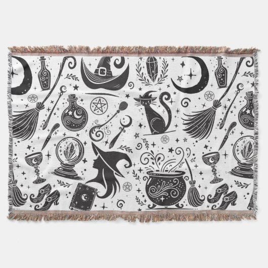 Magische Hexe Whimsical Wiccan Pagan Black & White Decke (Vorderseite)