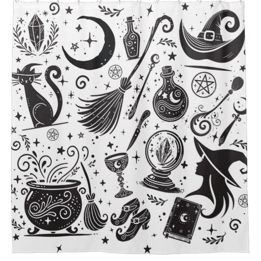 Magische Hexe Whimsical Wiccan Pagan Black & White Duschvorhang (Vorderseite)