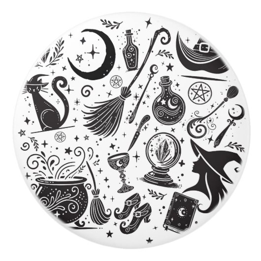Magische Hexe Whimsical Wiccan Pagan Black & White Keramikknauf (Vorderseite)