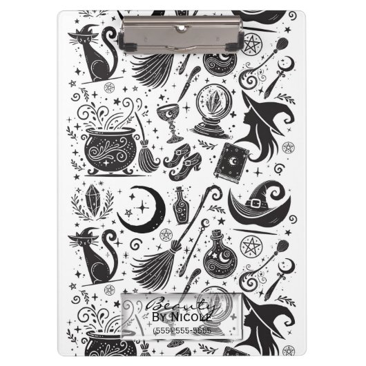 Magische Hexe Whimsical Wiccan Pagan Black & White Klemmbrett (Vorderseite)