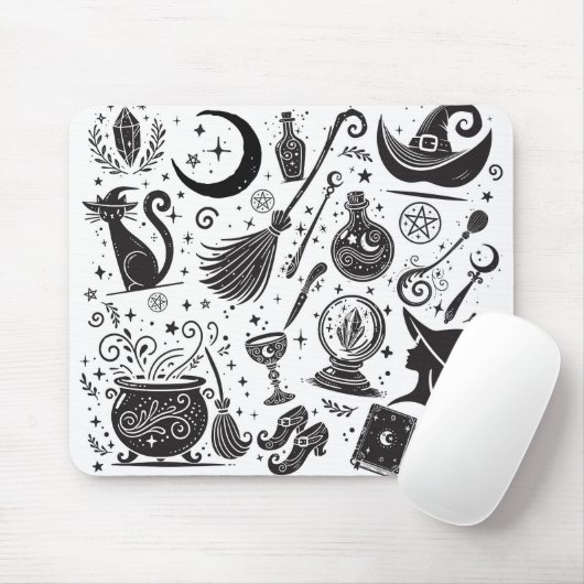 Magische Hexe Whimsical Wiccan Pagan Black & White Mousepad (Mit Mouse)