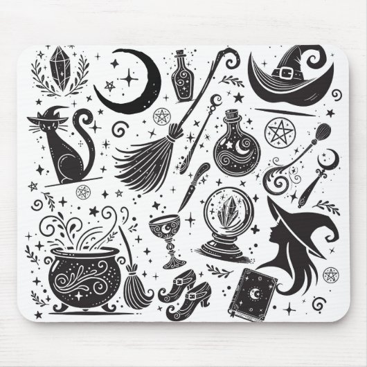 Magische Hexe Whimsical Wiccan Pagan Black & White Mousepad (Vorne)