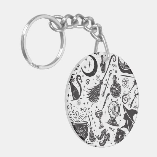 Magische Hexe Whimsical Wiccan Pagan Black & White Schlüsselanhänger (Vorderseite links)