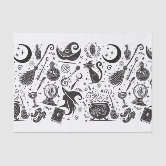 Magische Hexe Whimsical Wiccan Pagan Black & White Seidenpapier (Vorderseite)