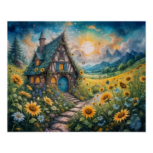 Magische Hütte mit Sonnenblumenfeld Poster (Vorderseite)