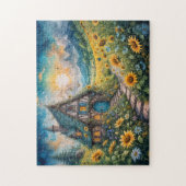 Magische Hütte mit Sonnenblumenfeld Puzzle (Vertikal)