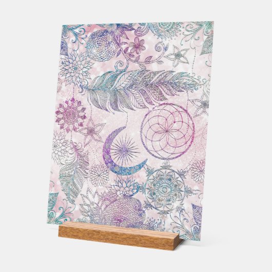 Magische Iridescent Glitzer Feathers Dreamcatcher Acrylschild (Winkel)