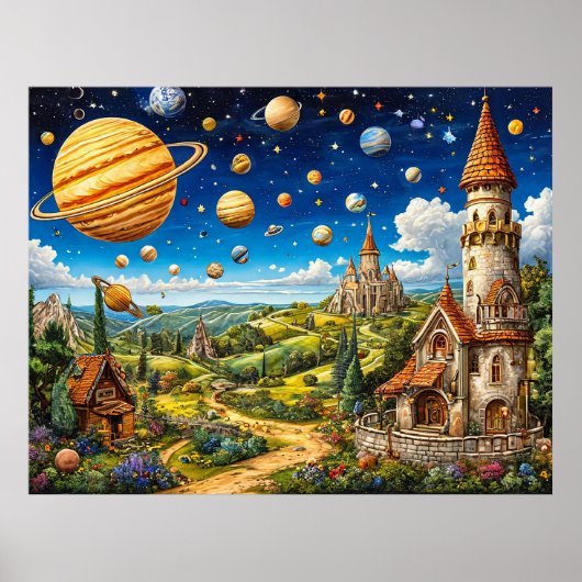 Magische Landschaft mit Schlössern und Weltraum Poster (Vorne)