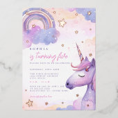 Magische Lila Einhorn-Sterne Girls Tour Folieneinladung (Vorderseite)