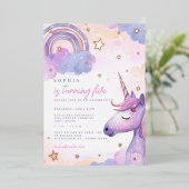 Magische Lila Einhorn-Sterne Girls Tour Folieneinladung (Stehend vorne)