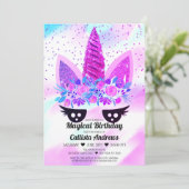 Magische Lila Einhornblüte Glitzer Geburtstag Einladung (Stehend Vorderseite)