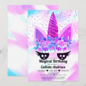 Magische Lila Einhornblüte Glitzer Geburtstag Einladung (Vorne/Hinten)