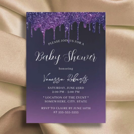 Magische Lila Glitzer Tropfen Elegante Kinderdusch Einladung