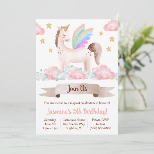 Magische, märchenhafte Geschichte, Einhorn, Geburt Einladung (Stehend Vorderseite)