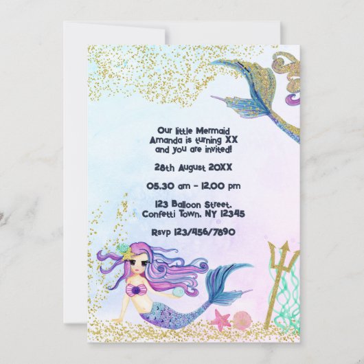 Magische Meerjungfrau Imitats Glitzer Kindergeburt Einladung (Vorderseite)