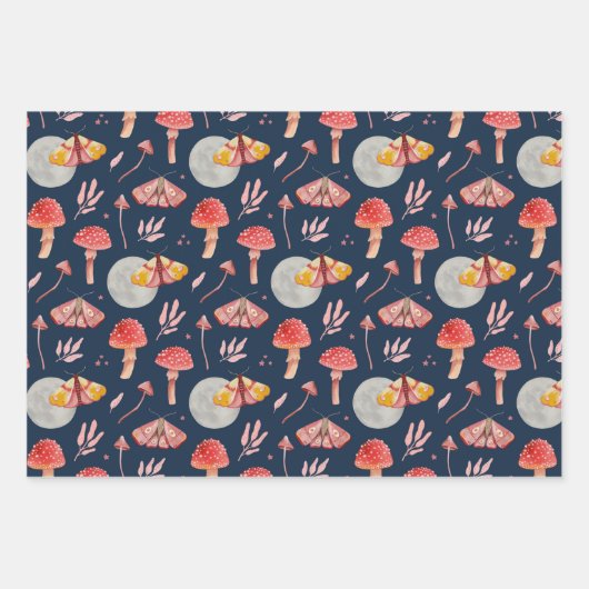 Magische Motte und Pilzmuster. Waldnacht Geschenkpapier Set (Vorderseite 3)