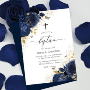 Magische Navy Indigo Blue Rose & Gold Taufe Einladung