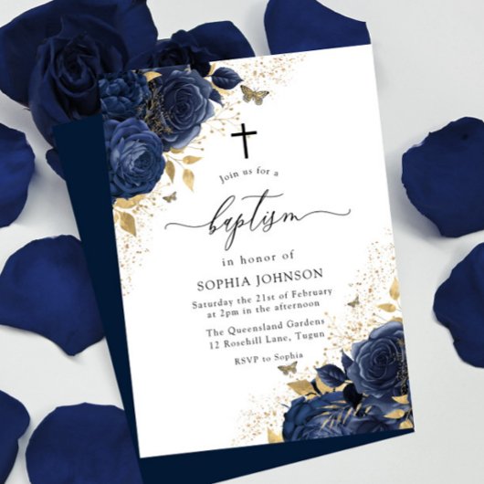 Magische Navy Indigo Blue Rose & Gold Taufe Einladung