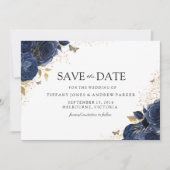 Magische Navy Indigo Rose Hochzeit mit Gold Floral Save The Date (Vorderseite)