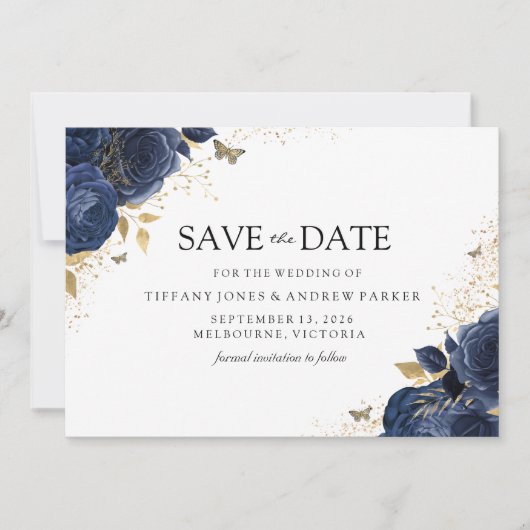 Magische Navy Indigo Rose Hochzeit mit Gold Floral Save The Date (Vorderseite)