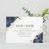Magische Navy Indigo Rose Hochzeit mit Gold Floral Save The Date (Stehend Vorderseite)