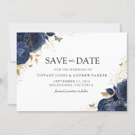 Magische Navy Indigo Rose Hochzeit mit Gold Floral Save The Date