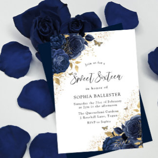 Magische Navy Indigoblau Rose & Gold Sweet 16 Einladung