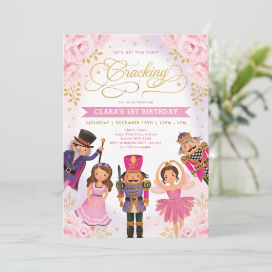 Magische Nutcracker Blush Gold Floral Girl Geburts Einladung (Stehend Vorderseite)