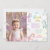 Magische Pastel Unicorn Rainbow Birthday Foto Dankeskarte (Vorderseite)