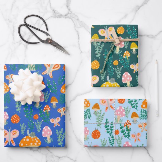 Magische Pilze Niedliche Schmetterlinge Schnecken Geschenkpapier Set (Vorderseite)