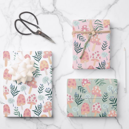 Magische Pilze Waldmuster Pink Green Geschenkpapier Set (Vorderseite)