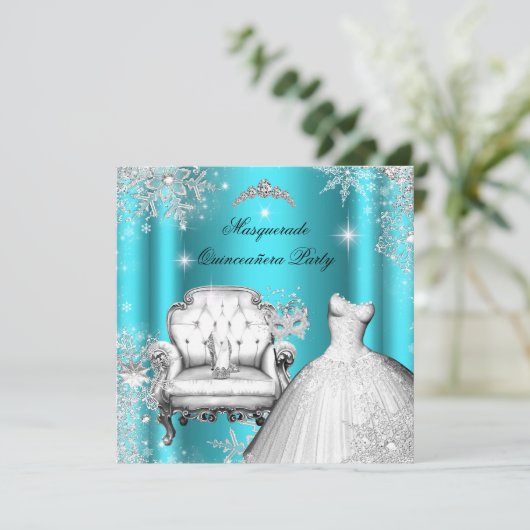 Magische Prinzessin Quinceanera Masquerade Aquamar Einladung (Stehend Vorderseite)
