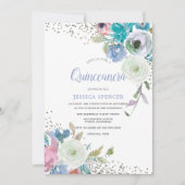 Magische Quinceanera: Mint Blue Sparkle Blume Einladung (Vorderseite)