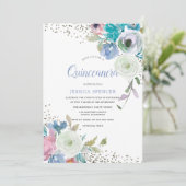 Magische Quinceanera: Mint Blue Sparkle Blume Einladung (Stehend Vorderseite)