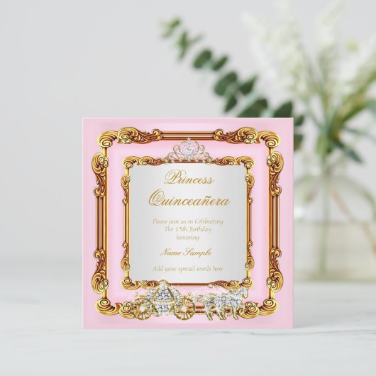Magische Quinceanera Pink Gold Pferd Carriage Einladung (Stehend Vorderseite)