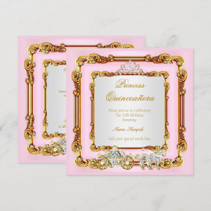 Magische Quinceanera Rosa Goldene Pferdekutsche Einladung