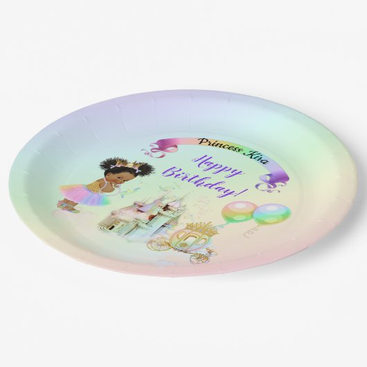 Magische Rainbow-Prinzessin-Burgbeförderung Pappteller (Schrägansicht)