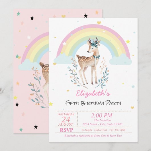 Magische Rainbow Rentier Stars Einladung zum Gebur (Vorne/Hinten)