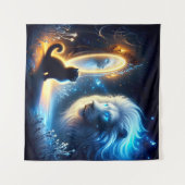 Magische Reflektion: Schwarze Katze und weiße Löwe Wandteppich (Vorderseite (Horizontal))